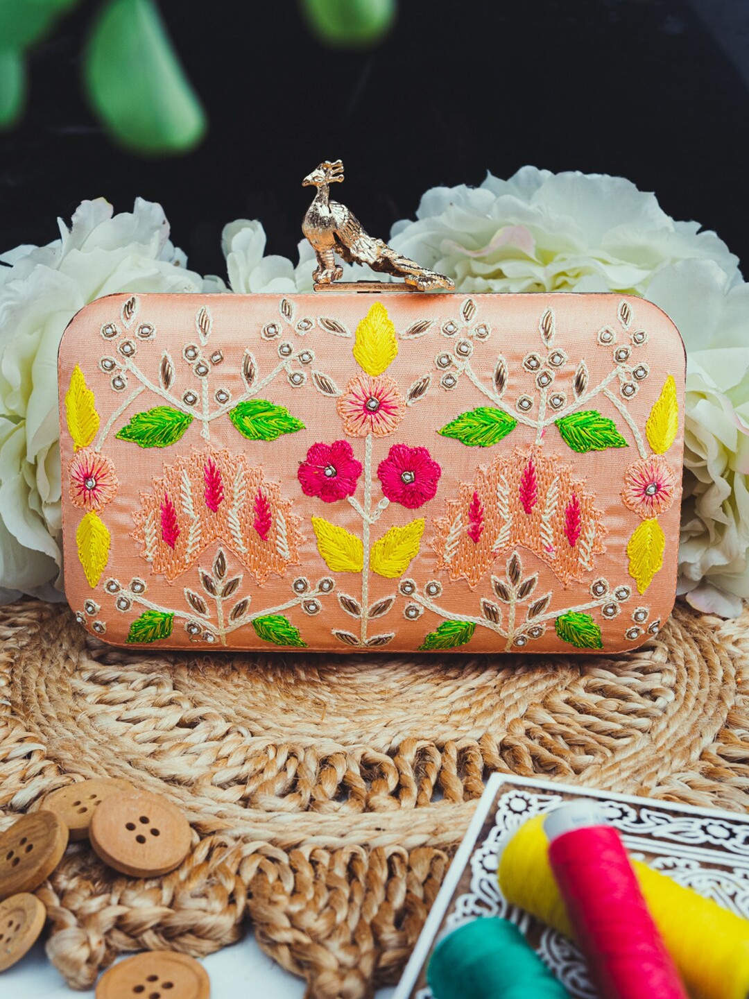 

NR By Nidhi Rathi Peach-Coloured & Pink Embroidered Box Clutch
