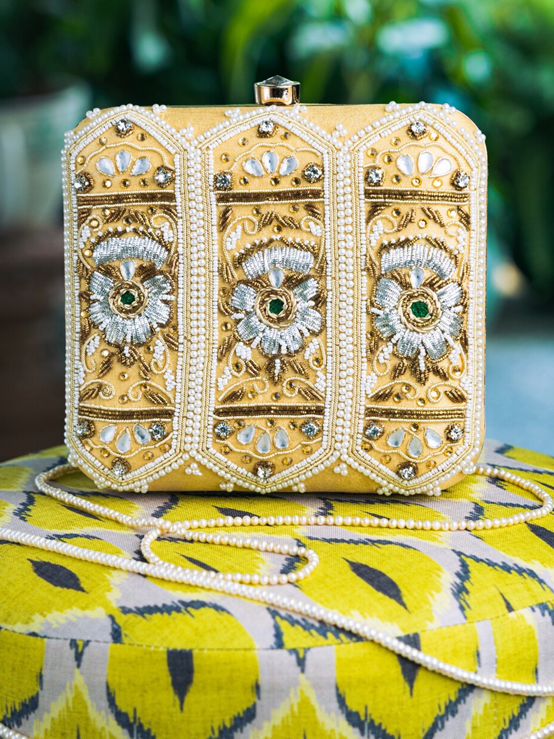 

NR By Nidhi Rathi Gold-Toned & White Embroidered Embellished Box Clutch