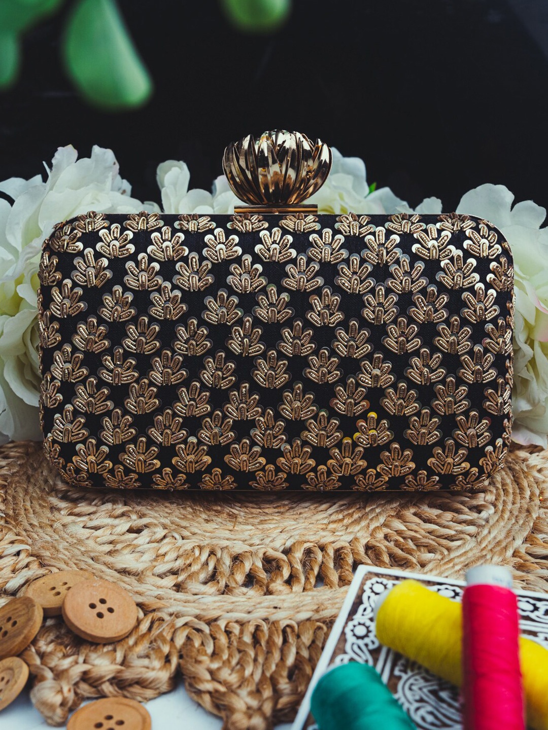 

NR By Nidhi Rathi Black & Gold-Toned Embroidered Box Clutch