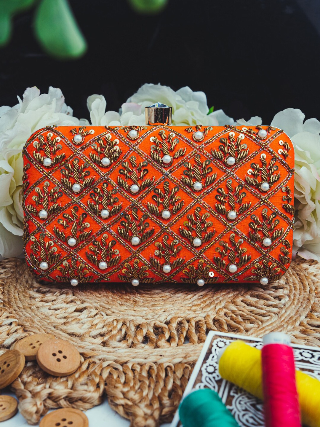 

NR By Nidhi Rathi Women Orange Embellished Clutch