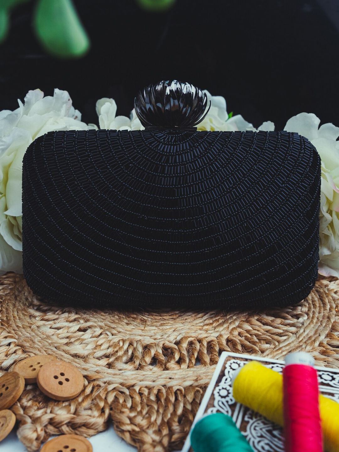 

NR By Nidhi Rathi Women Black Hand Embellished Box Clutch