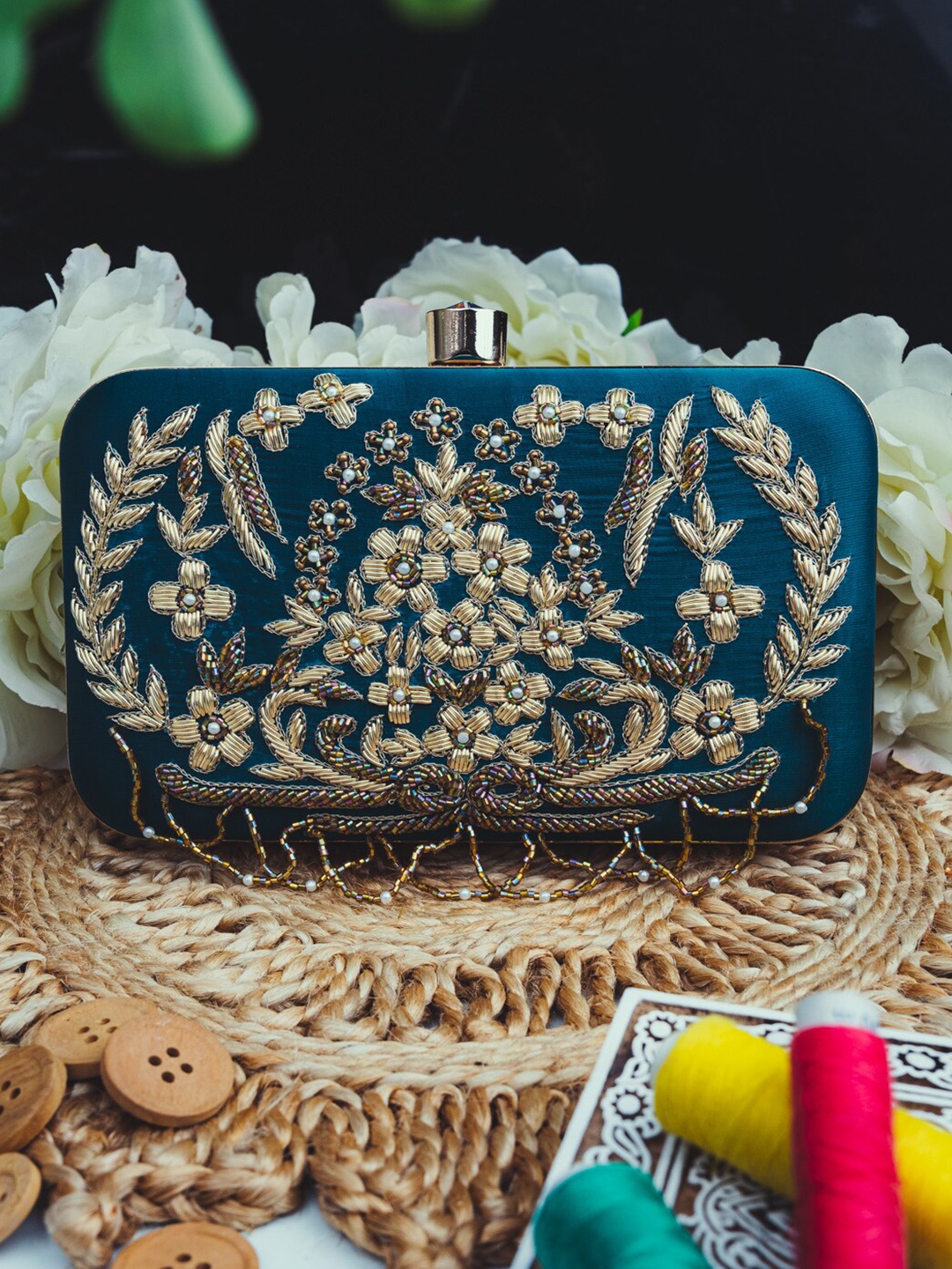 

NR By Nidhi Rathi Blue & Beige Embroidered Quilted Box Clutch