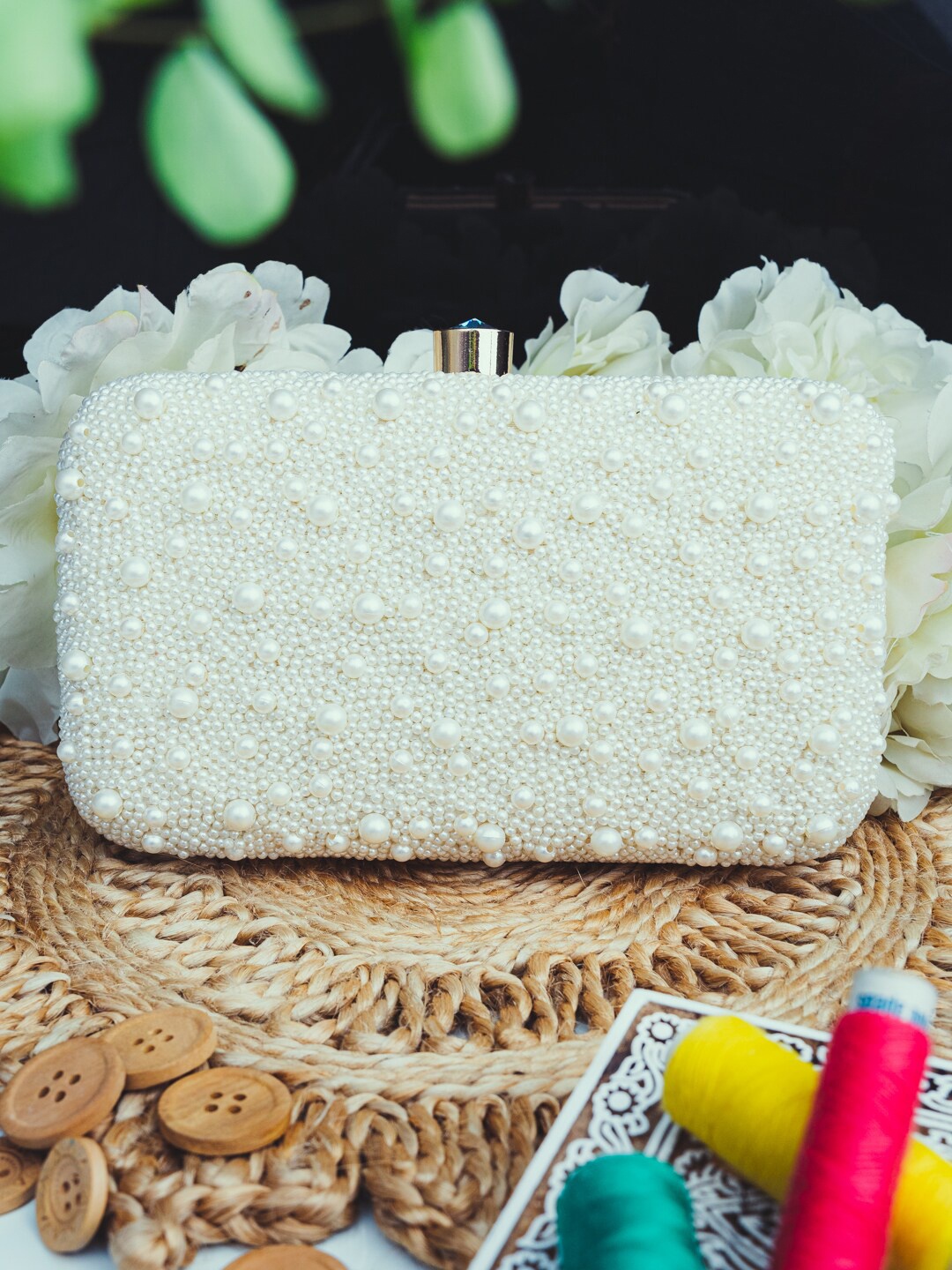 

NR By Nidhi Rathi White Embroidered Embellished Box Clutch