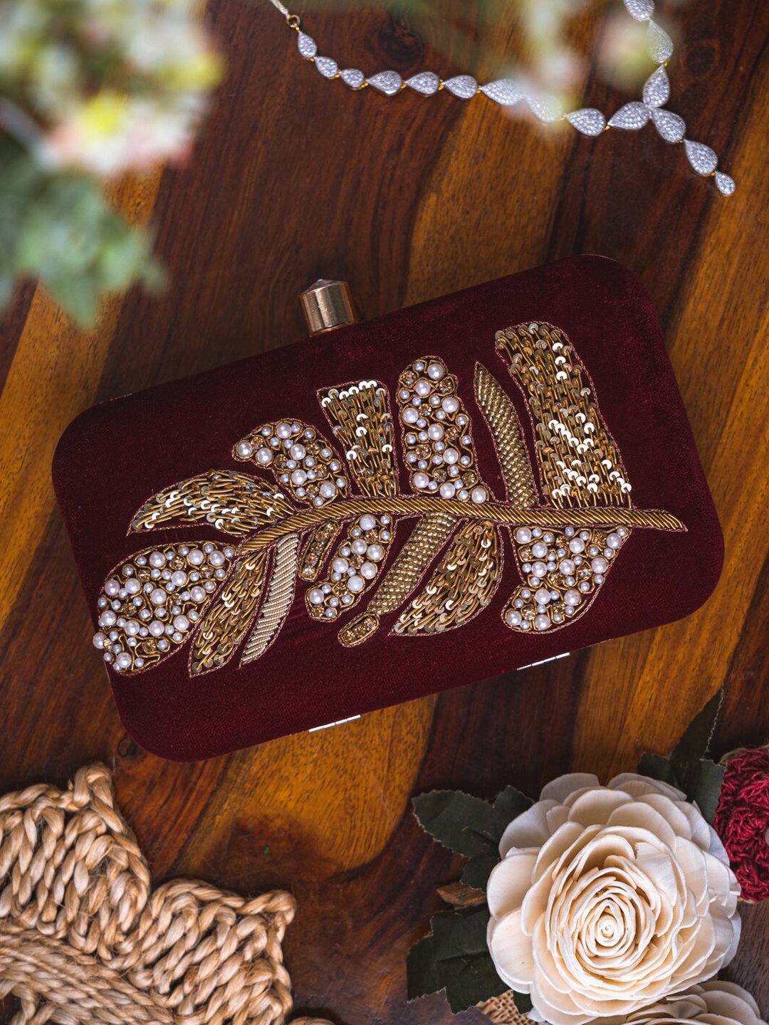 

NR By Nidhi Rathi Maroon & Gold-Toned Embroidered Embellished Box Clutch