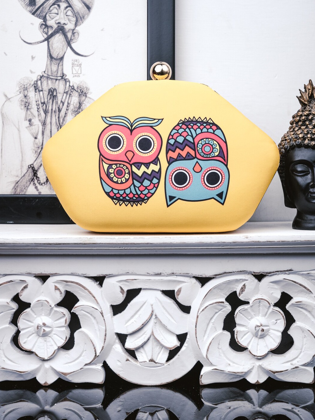 

NR By Nidhi Rathi Women Yellow Owl Printed Clutch Bag