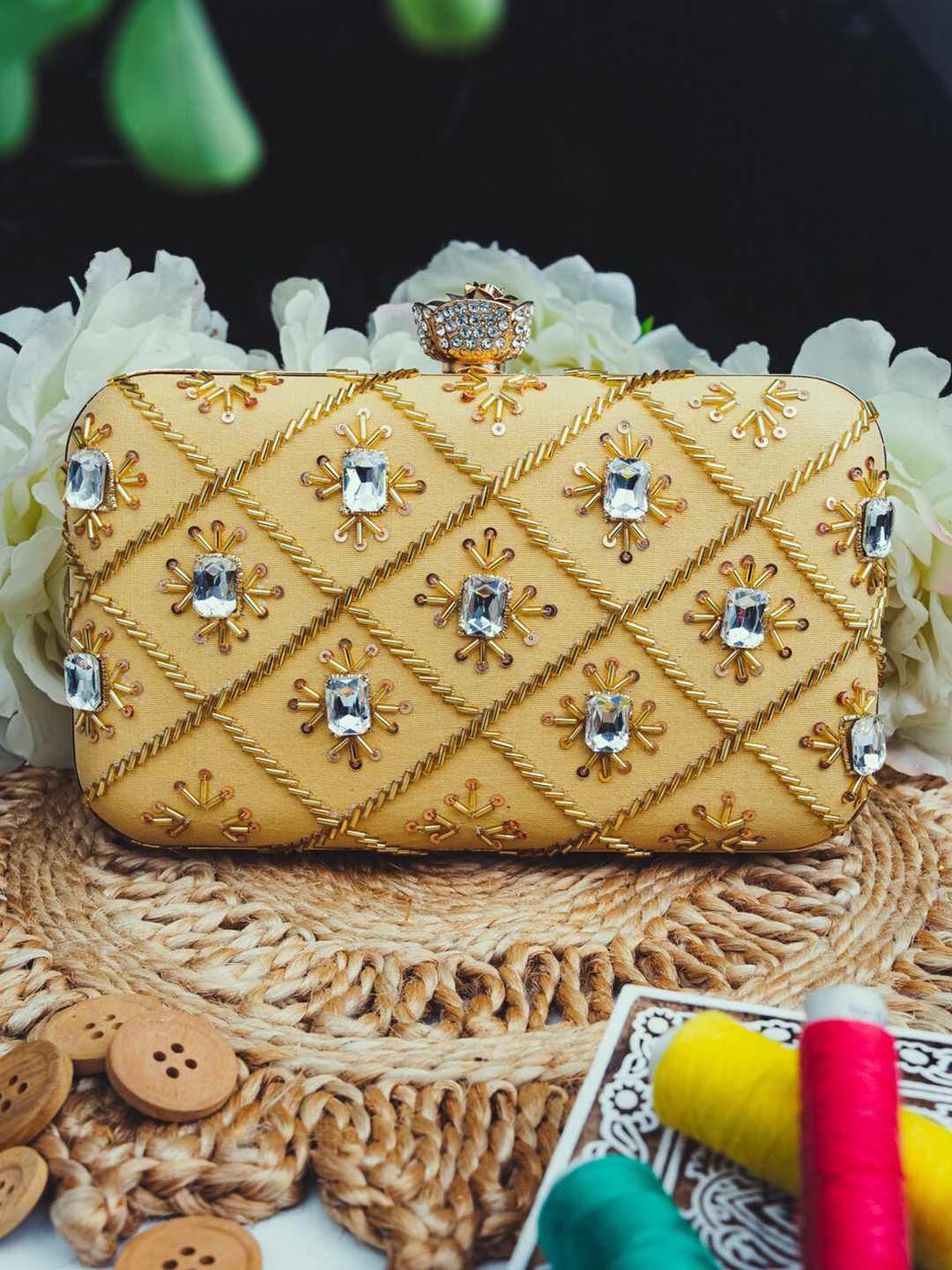 

NR By Nidhi Rathi Gold-Toned Embroidered Box Clutch
