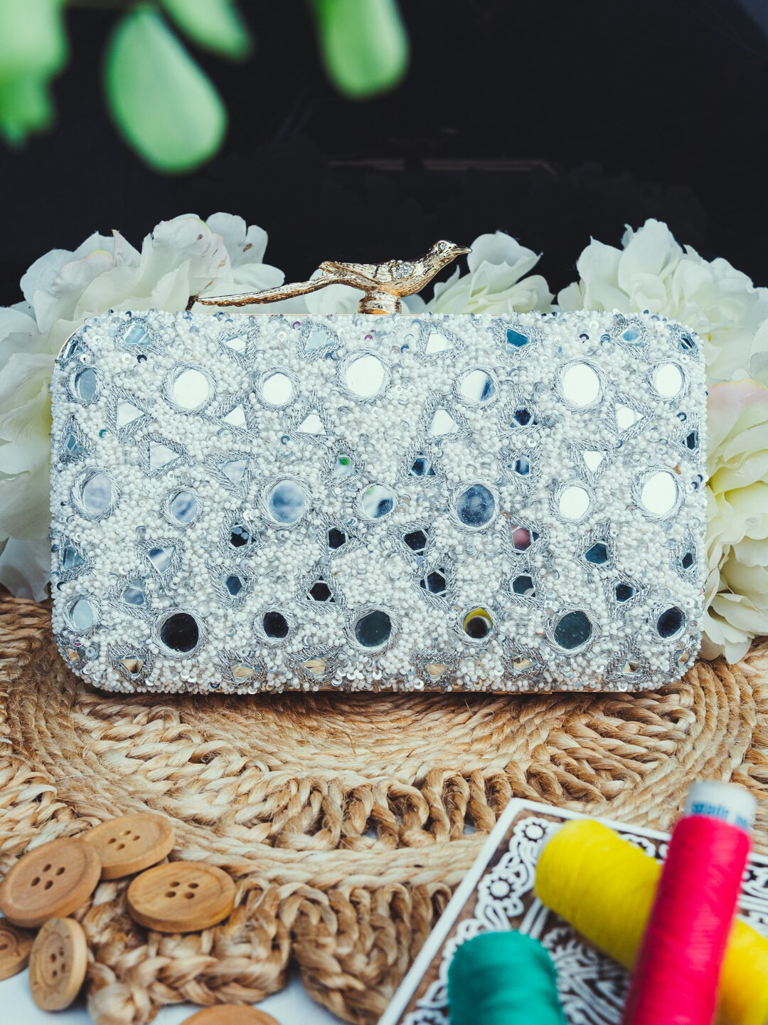 

NR By Nidhi Rathi Silver-Toned Embroidered Box Clutch