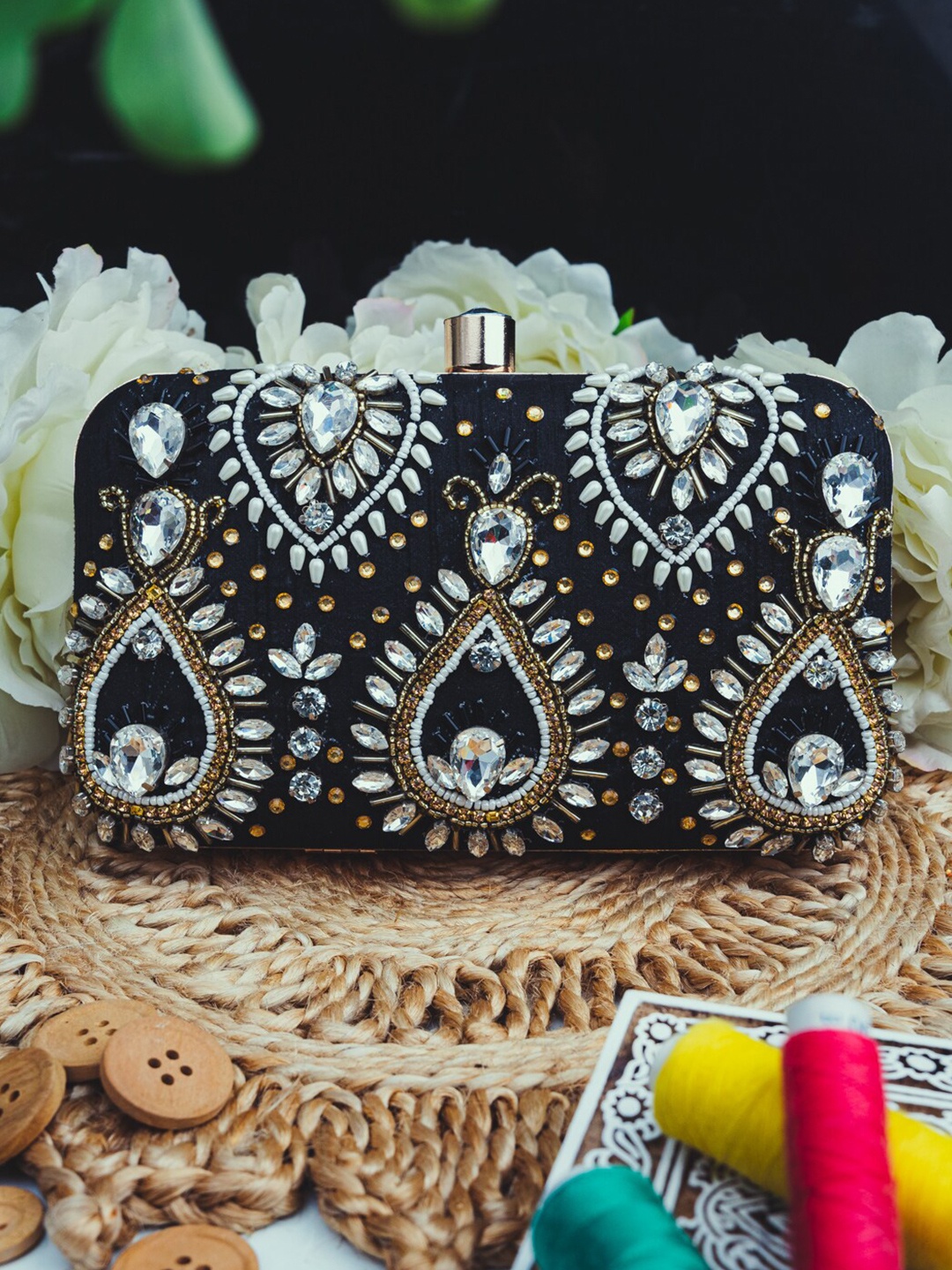 

NR By Nidhi Rathi Black & White Embroidered Box Clutch