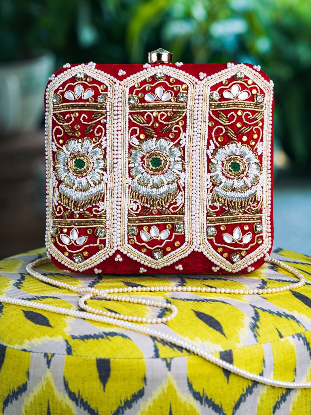 

NR By Nidhi Rathi Red & White Embellished Box Clutch