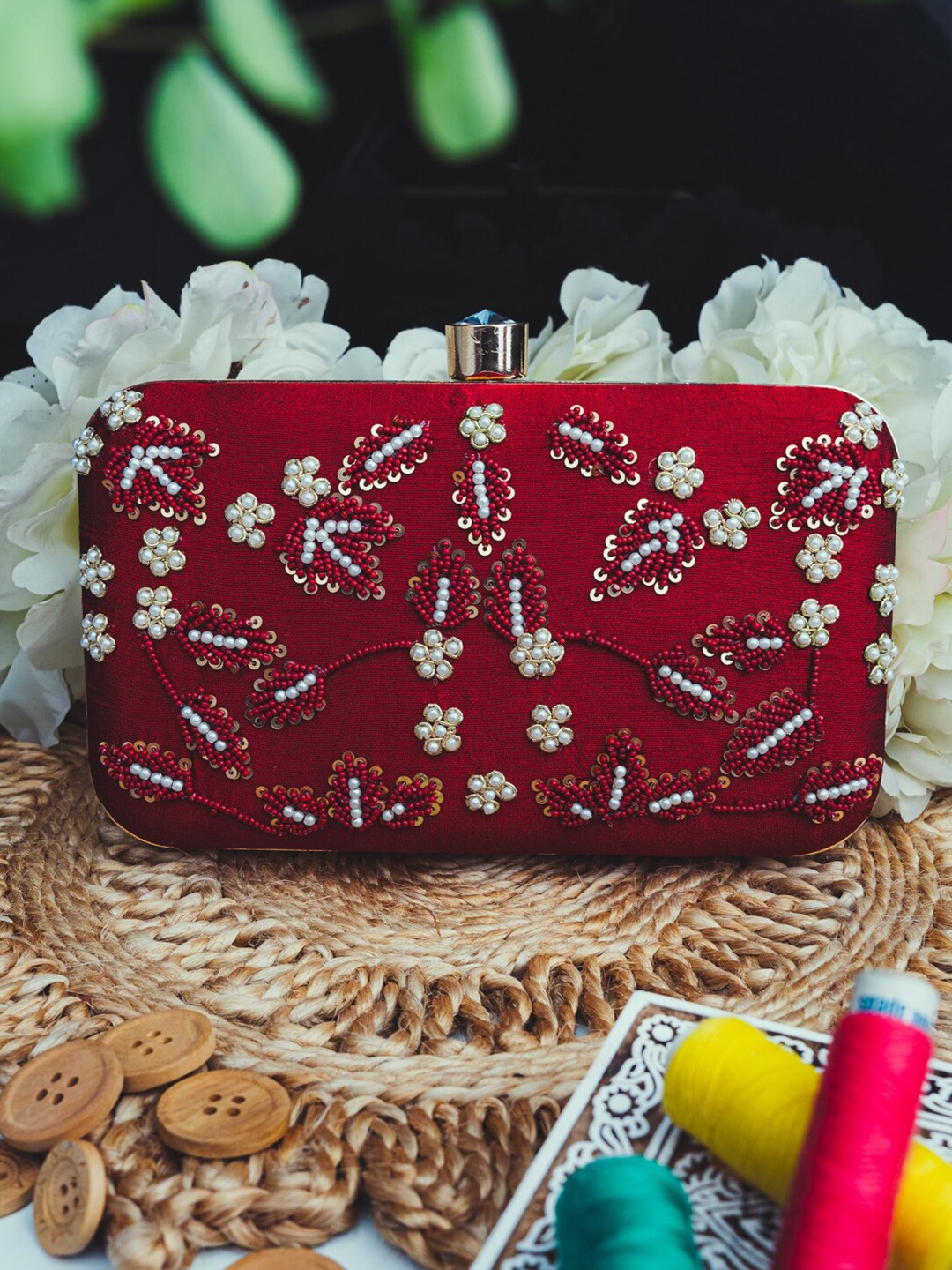 

NR By Nidhi Rathi Maroon Embroidered Embellished Box Clutch