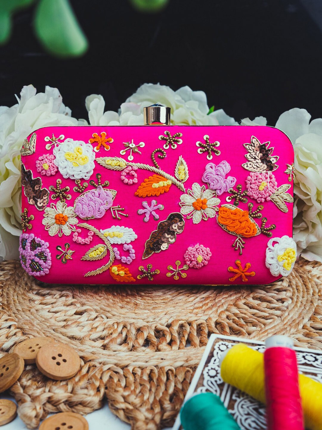 

NR By Nidhi Rathi Pink & Gold-Toned Embroidered Embellished Box Clutch