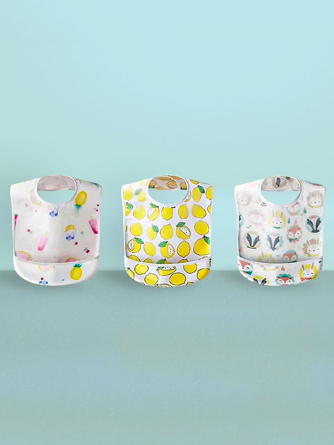 

KICKS & CRAWL Infant Kids Pack Of 3 Printed Bibs, Yellow