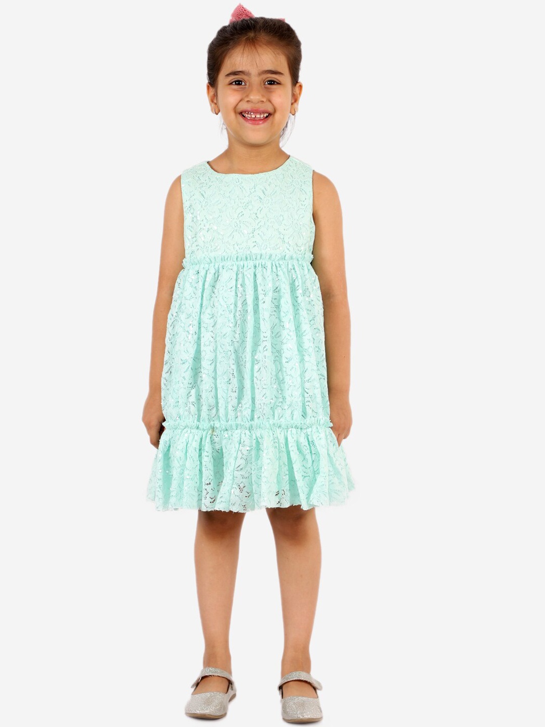 

KidsDew Green Net A-Line Tiered Dress