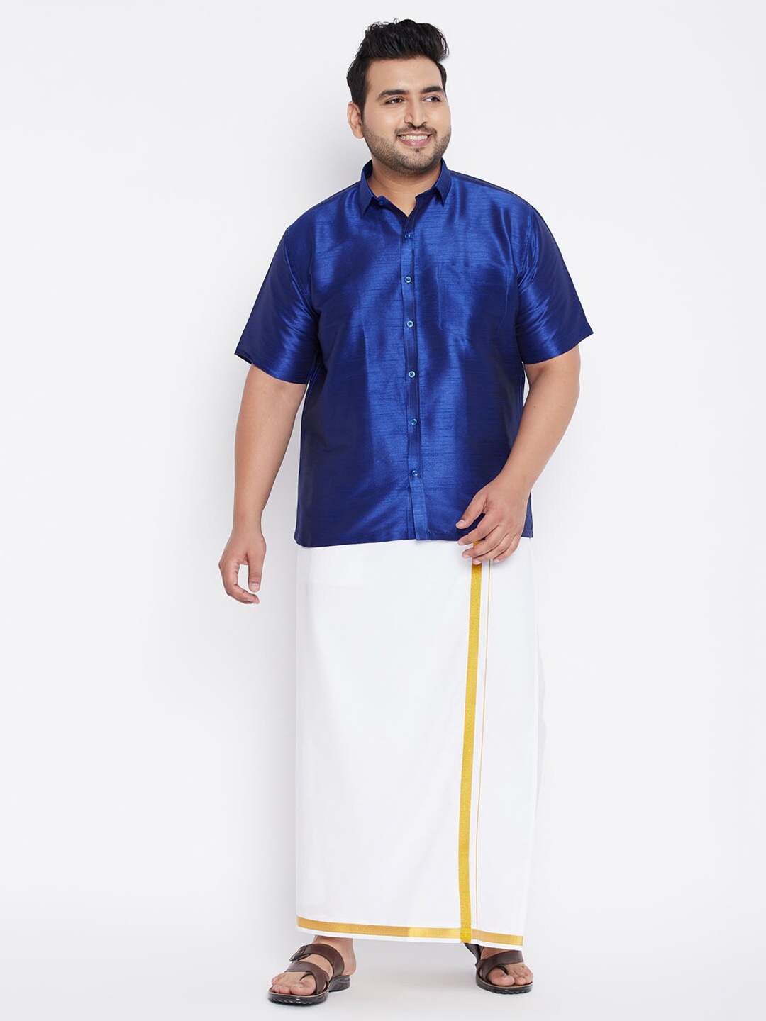 

VASTRAMAY Men Blue & White Shirt with Dhoti