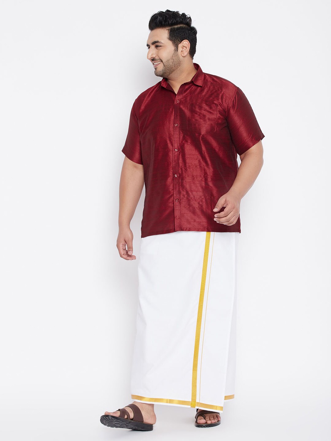 

VASTRAMAY Men Maroon & White Shirt with Dhoti