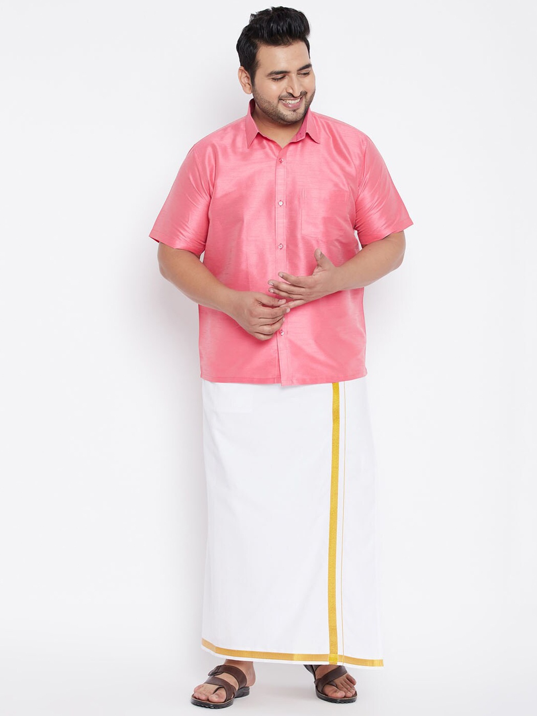 

VASTRAMAY Men Pink & White Shirt with Dhoti