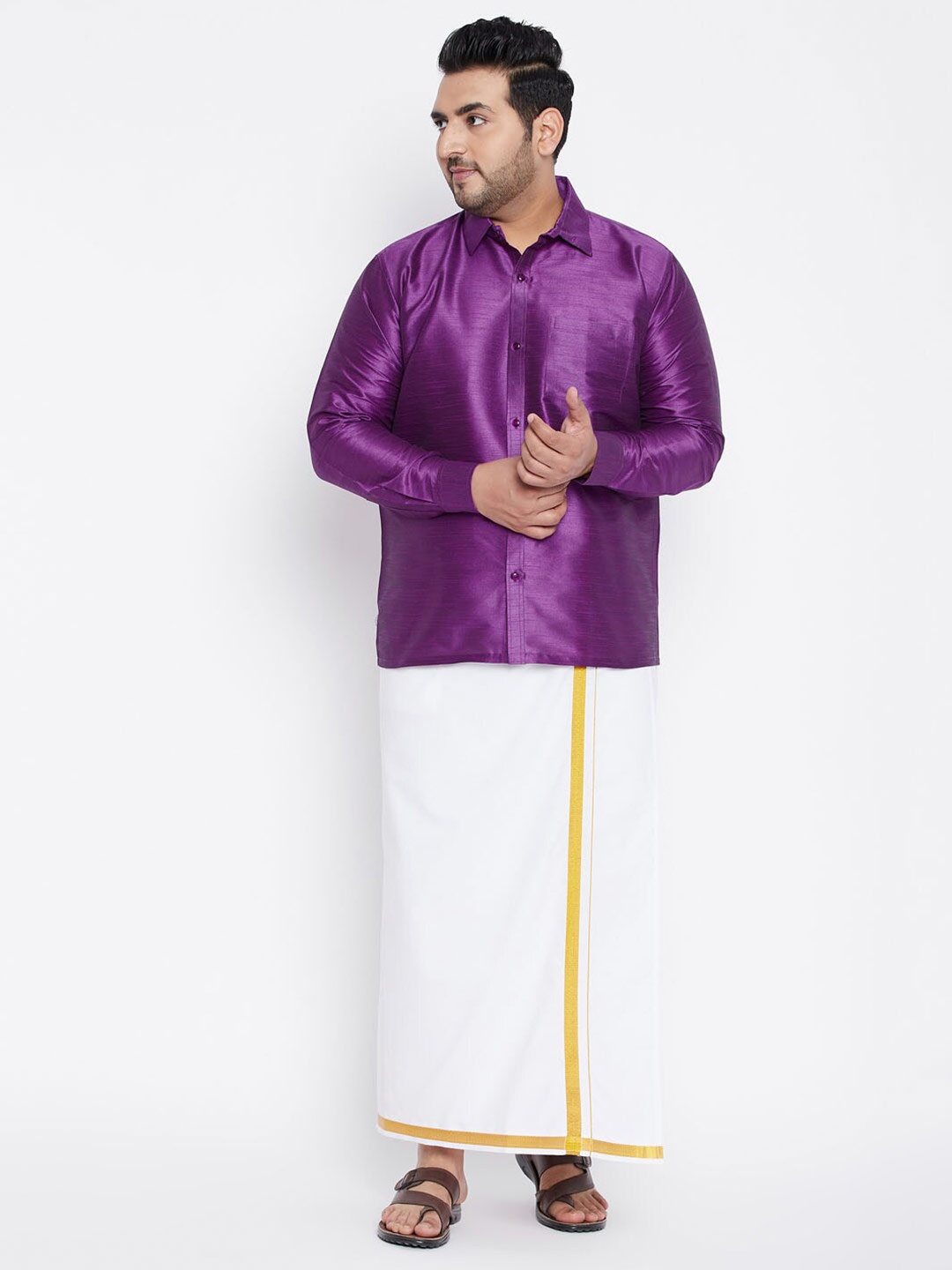 

VASTRAMAY Men Purple & White Shirt with Dhoti