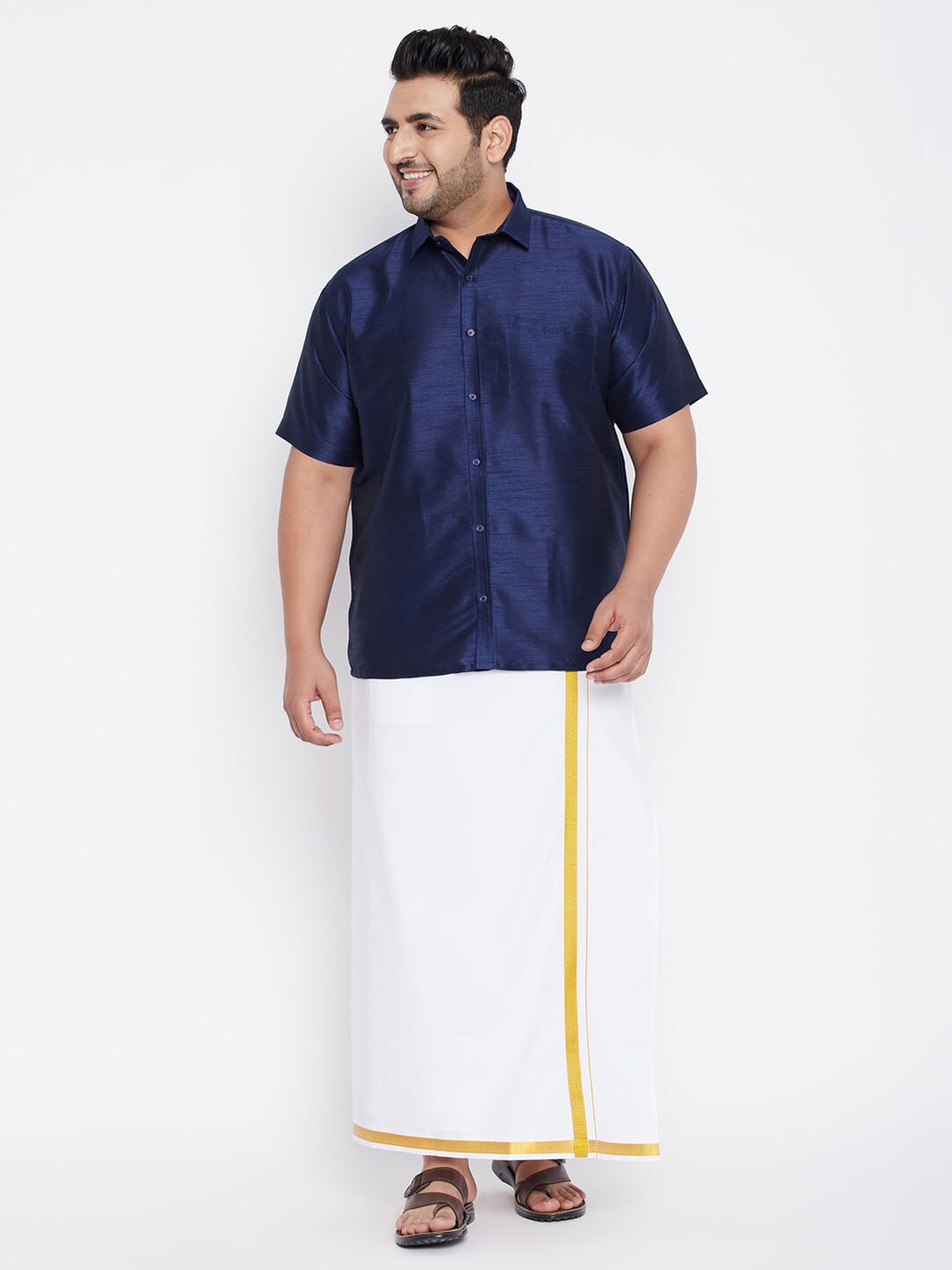

VASTRAMAY Men Navy Blue & White Shirt with Dhoti