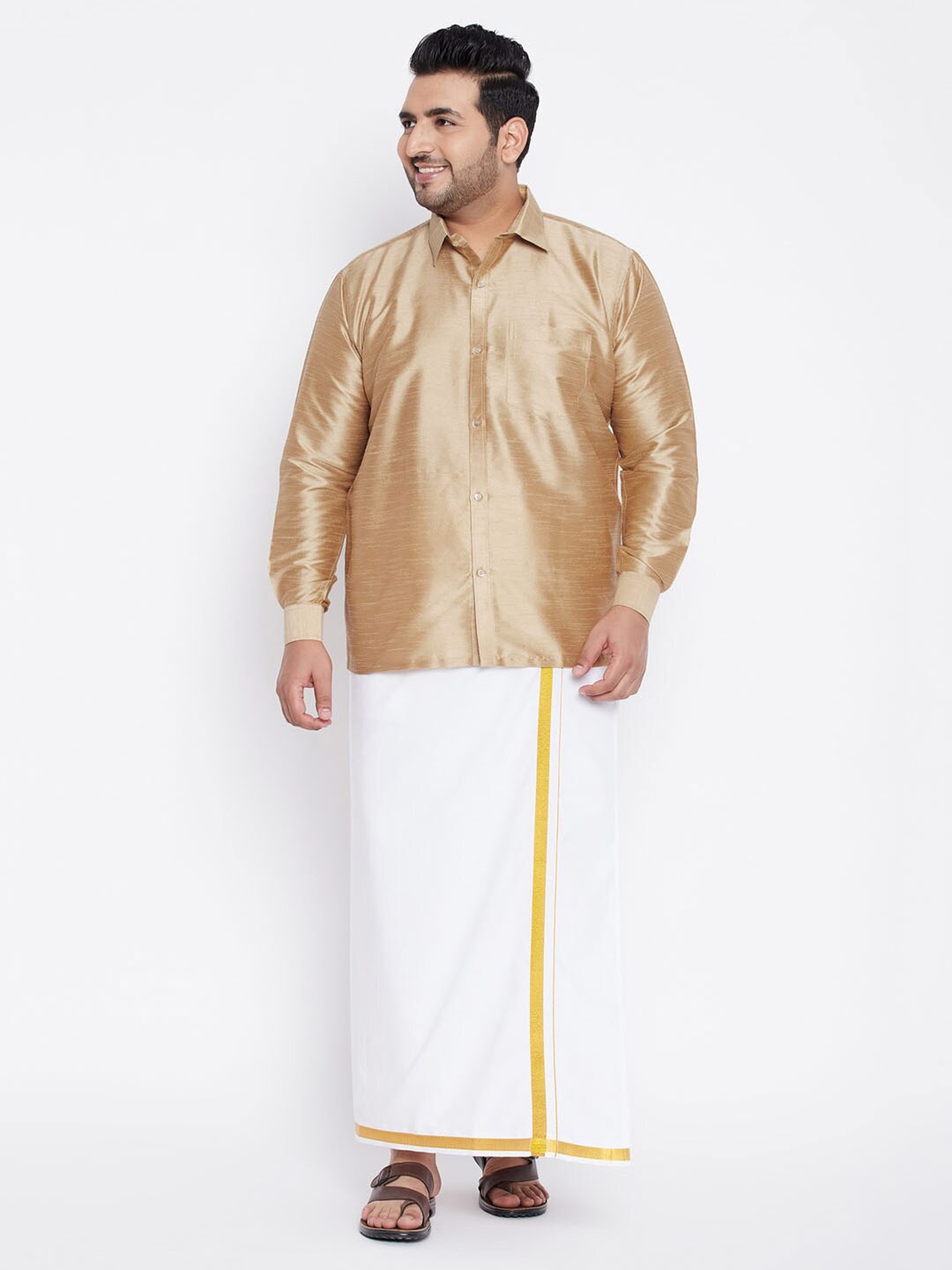 

VASTRAMAY Men Gold-Coloured & White Shirt with Dhoti