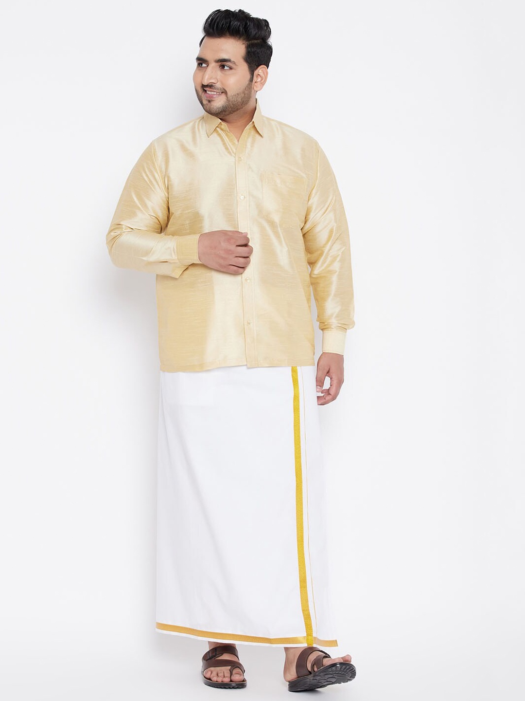 

VASTRAMAY Men Gold-Coloured & White Shirt with Dhoti