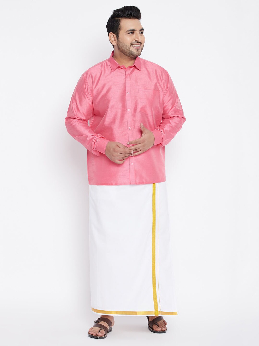 

VASTRAMAY Men Pink & White Shirt with Dhoti