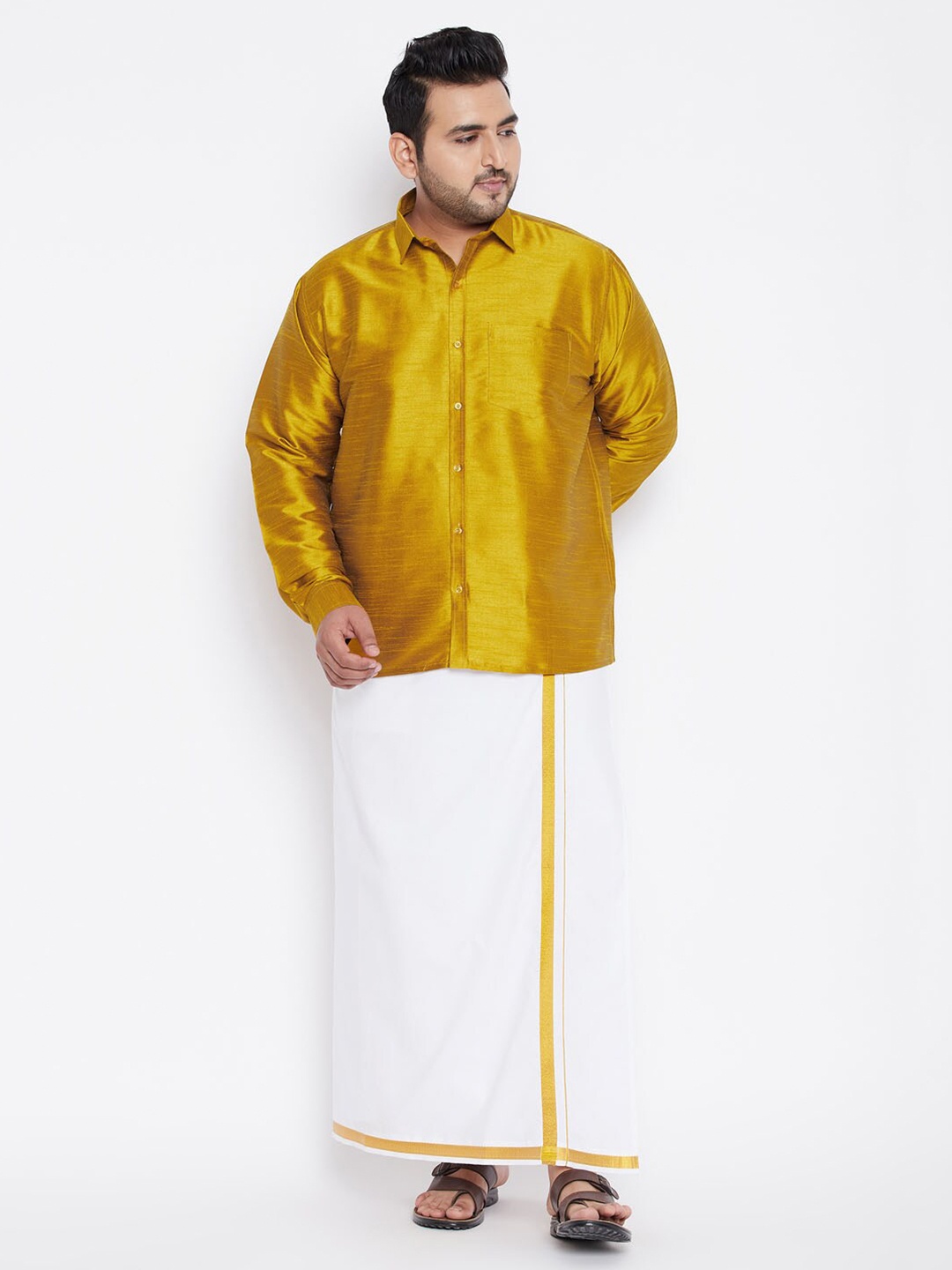 

VASTRAMAY Men Mustard Yellow & White Shirt with Dhoti