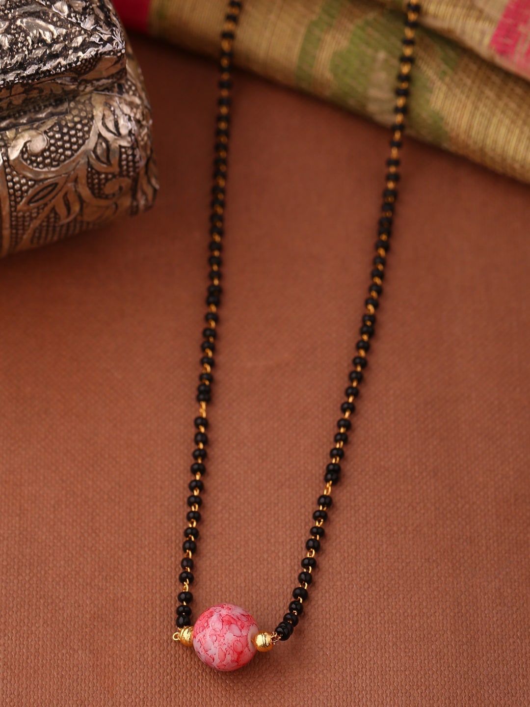 

Shoshaa Gold-Plated & Black Beaded Mangalsutra, Pink