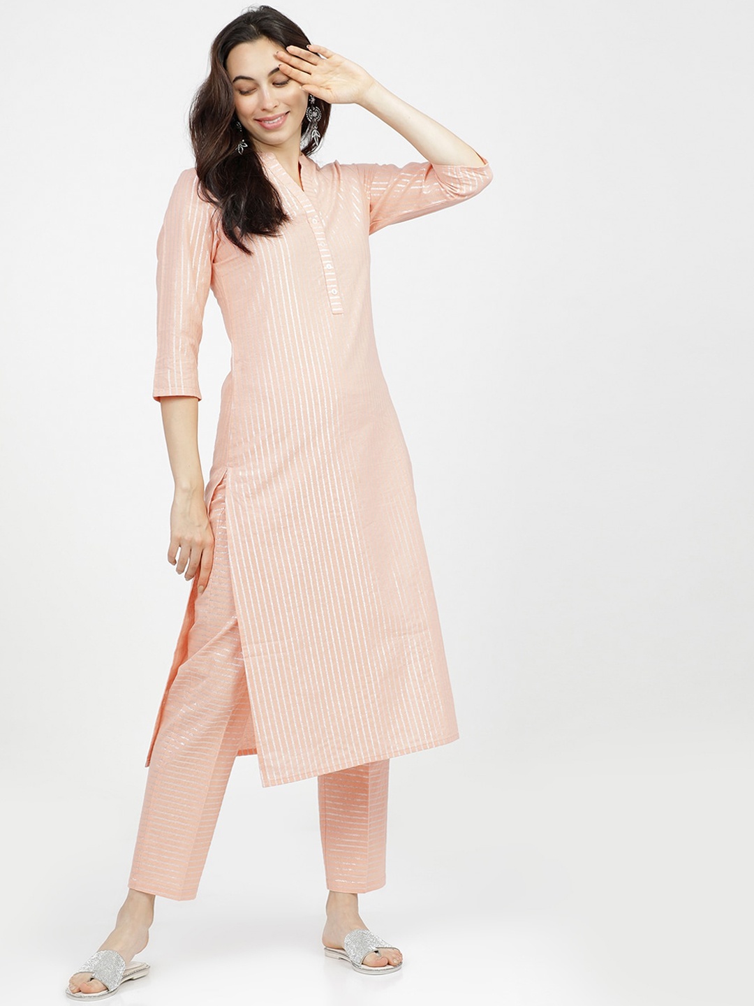 

Vishudh Women Peach-Coloured Striped Regular Pure Cotton Kurta with Trousers