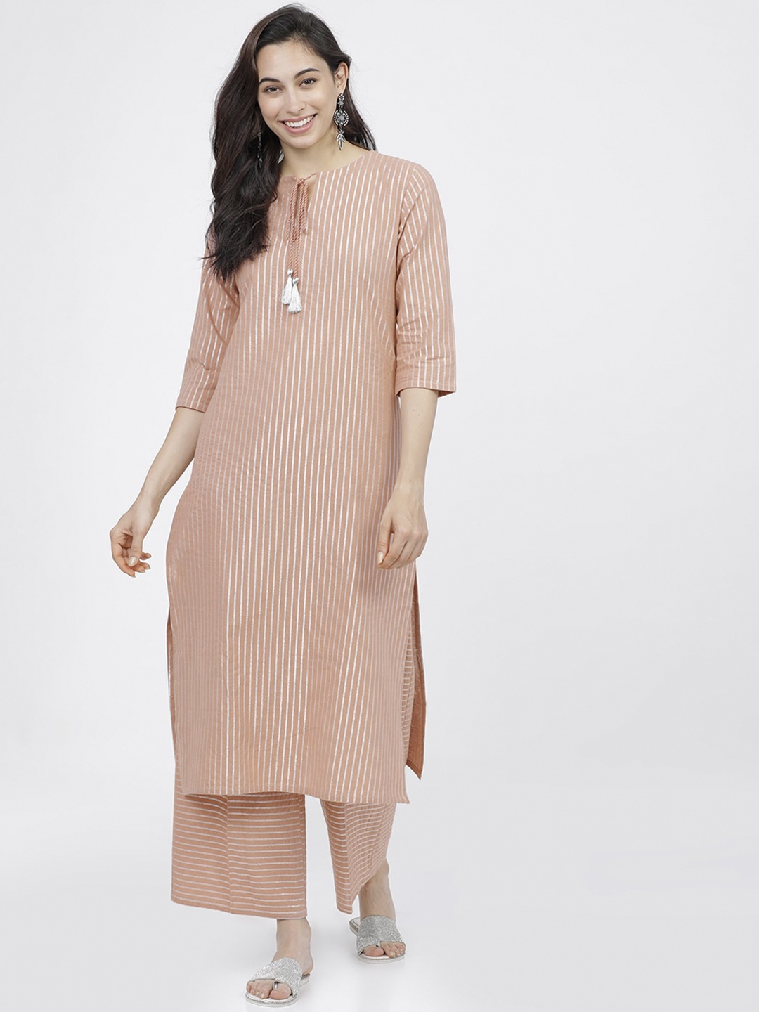 

Vishudh Women Beige Striped Pure Cotton Kurta with Palazzos