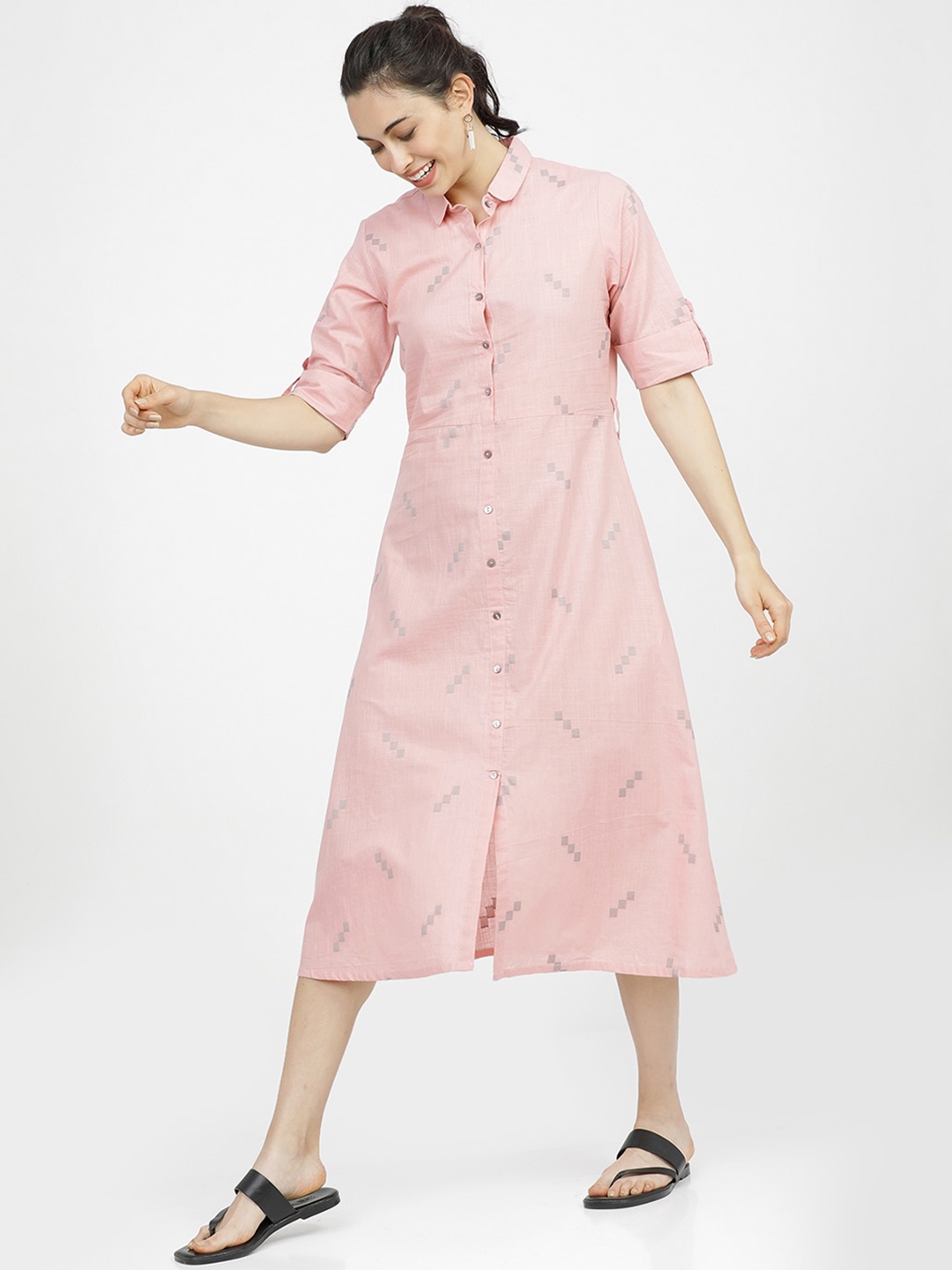 

Vishudh Pink & Grey Shirt Midi Dress