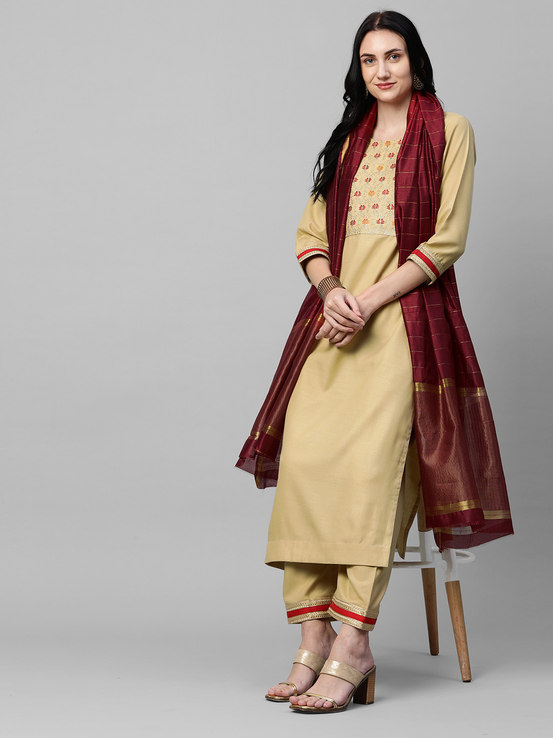 

GoSriKi Women Beige Yoke Design Regular Kurta with Palazzos & With Dupatta