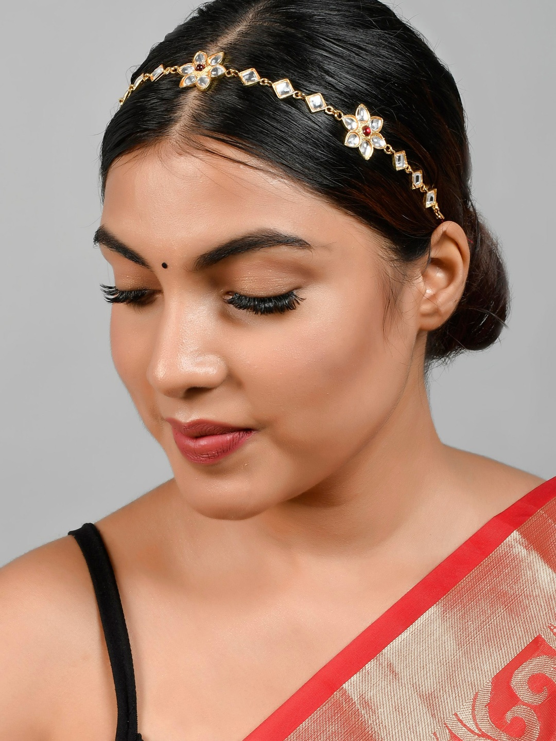 

Silvermerc Designs Gold-Plated White & Red Stone-Studded Temple Headchain