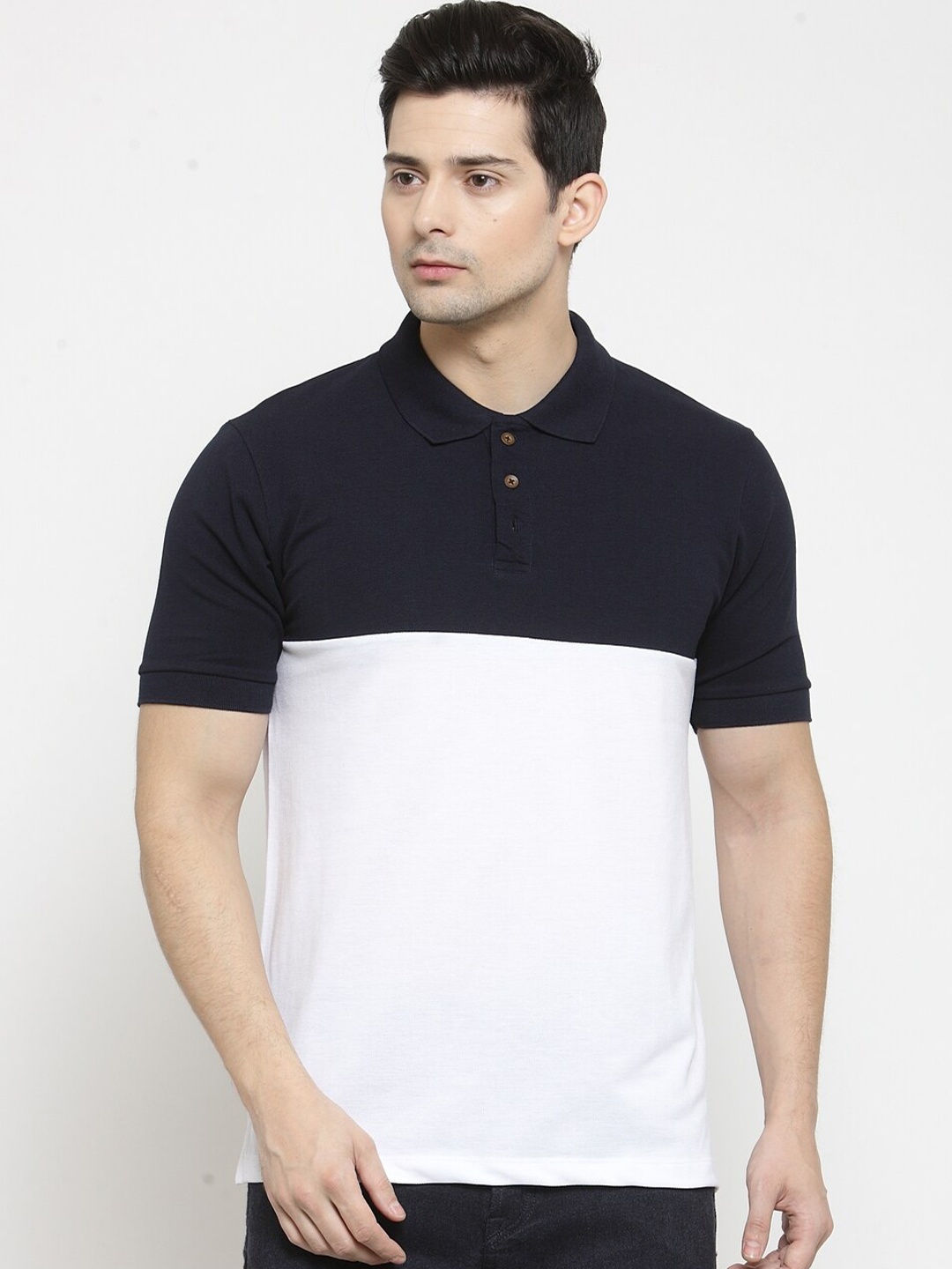 

Kalt Men White & Black Colourblocked Polo Collar T-shirt