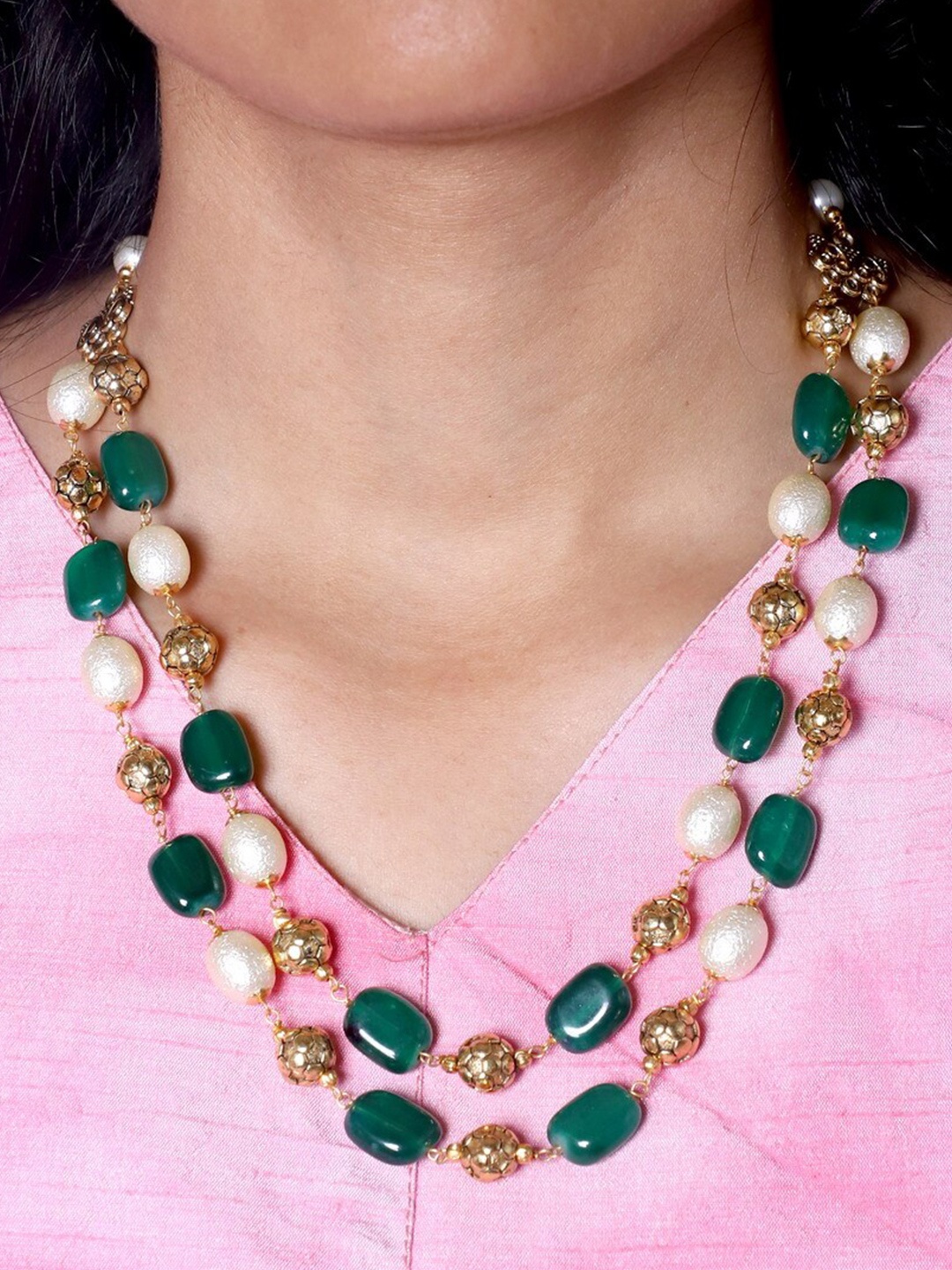 

Brandsoon Women Green & Off White Brass Gold-Plated Chain