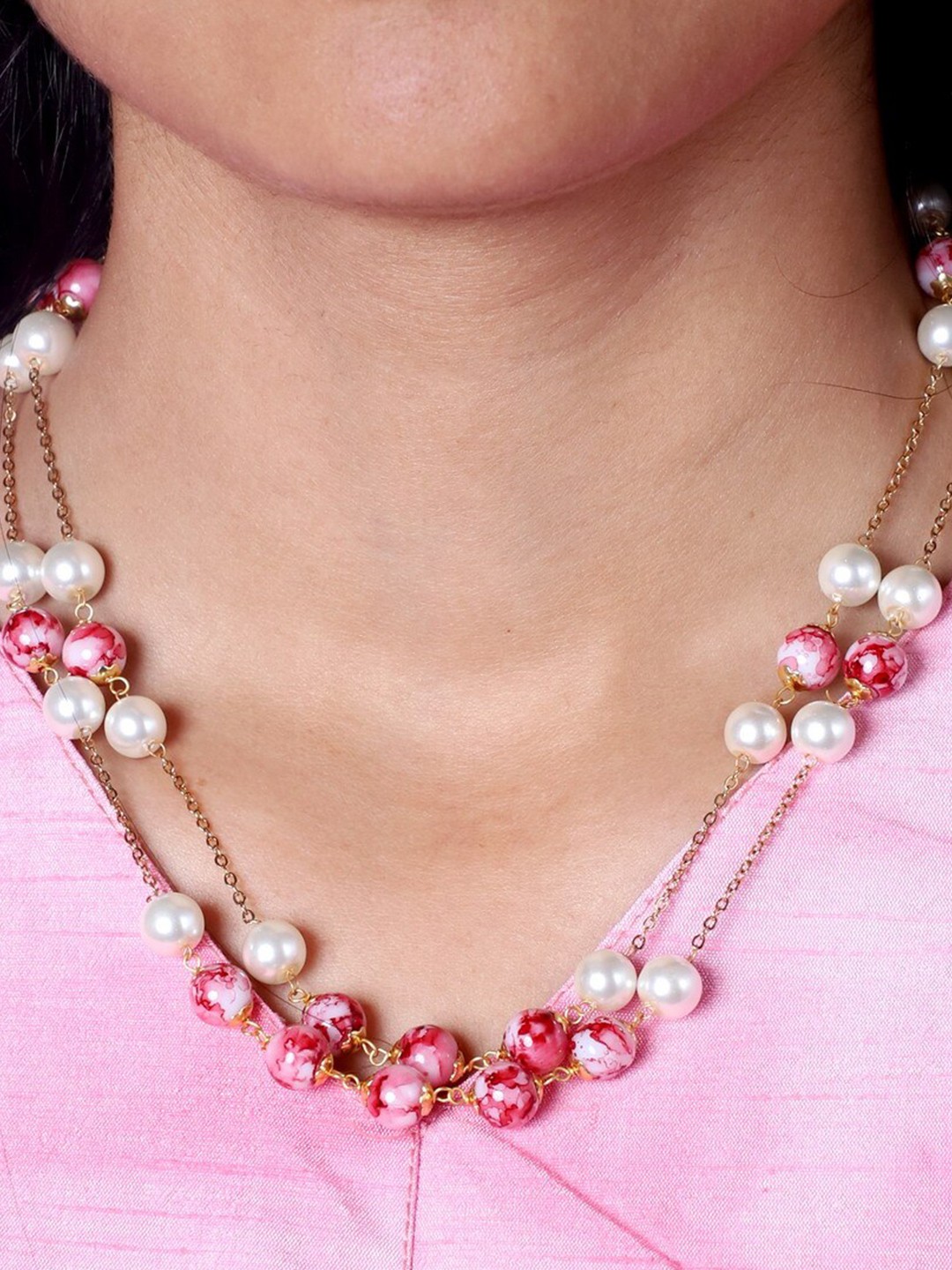 Brandsoon Pink & White Brass Gold-Plated Layered Chain