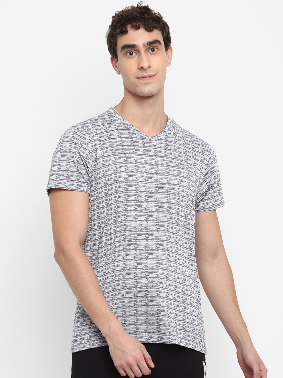 

American Crew Men White & Grey Striped V-Neck T-shirt
