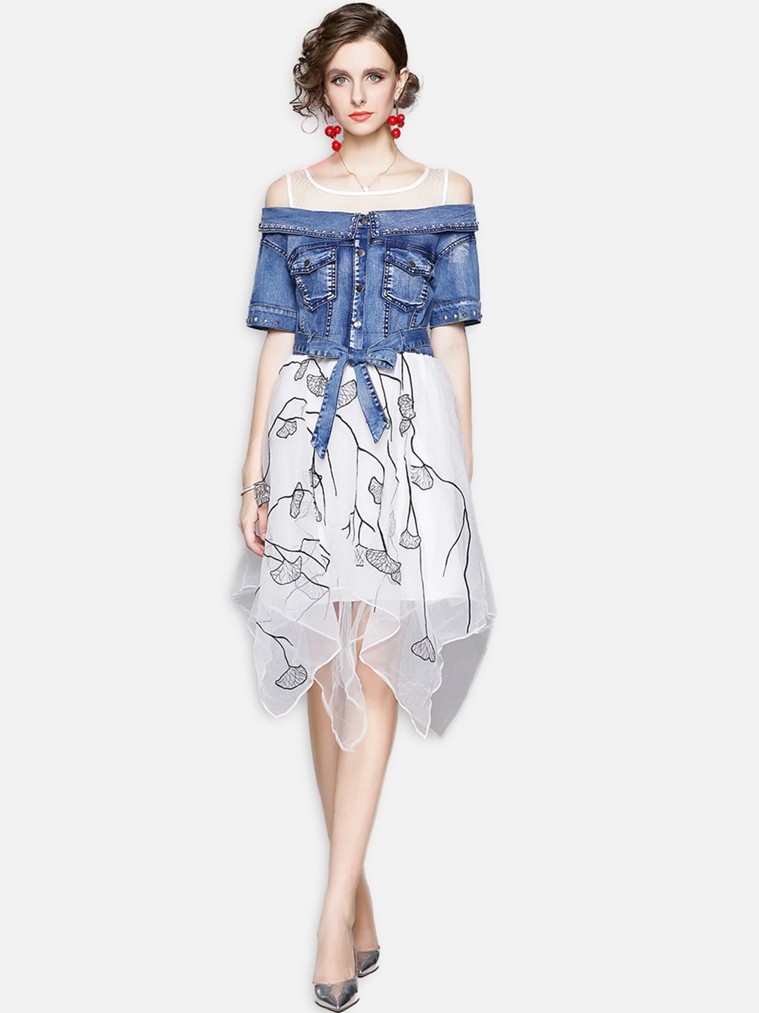 

JC Collection Blue Floral Off-Shoulder A-Line Dress