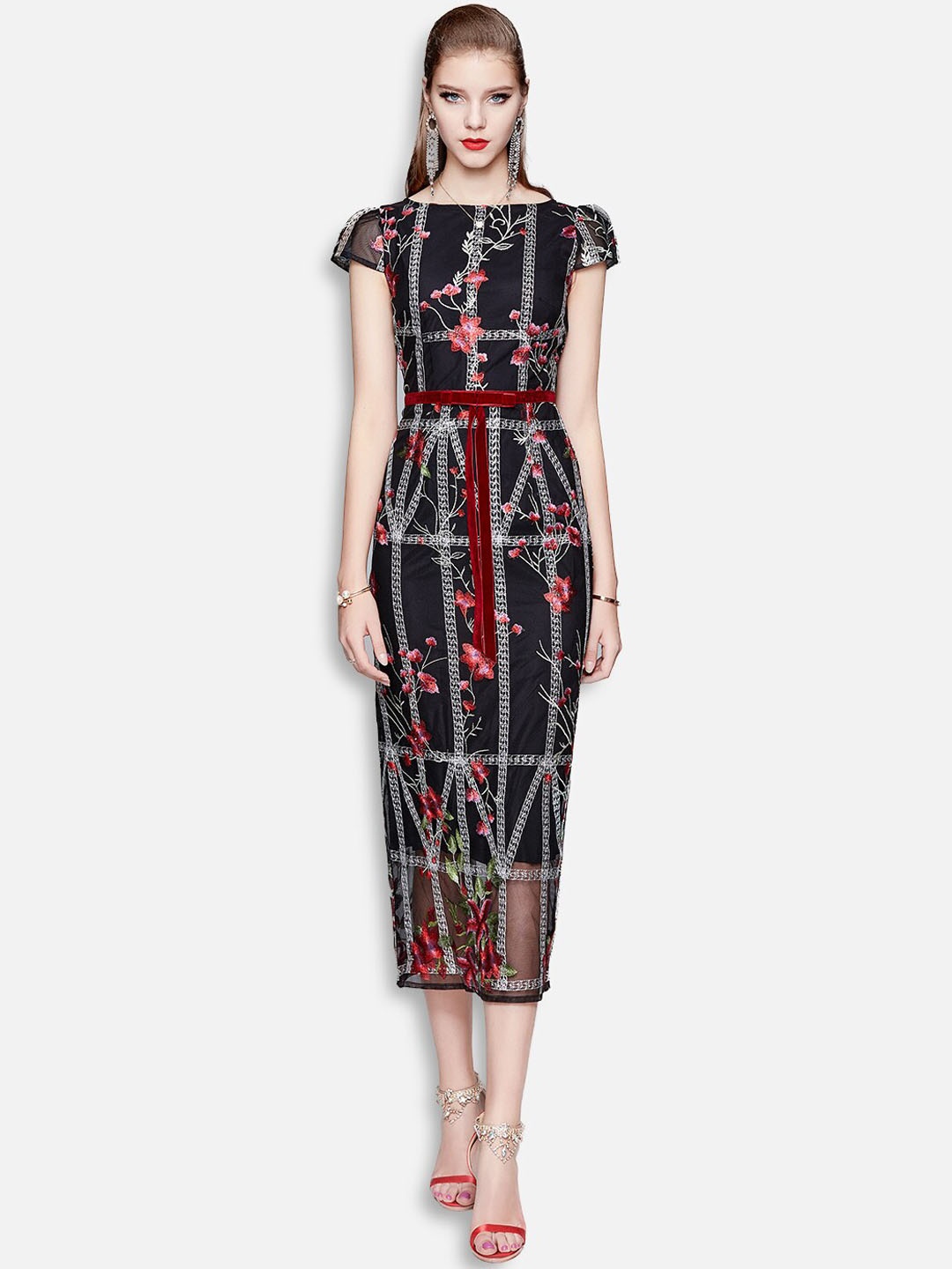 

JC Collection Black Floral A-Line Midi Dress