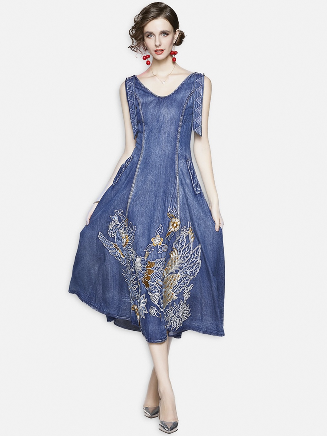 

JC Collection Blue Ethnic Motifs A-Line Midi Dress