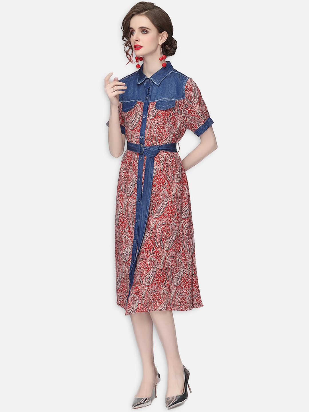 

JC Collection Red Ethnic Motifs Shirt Midi Dress