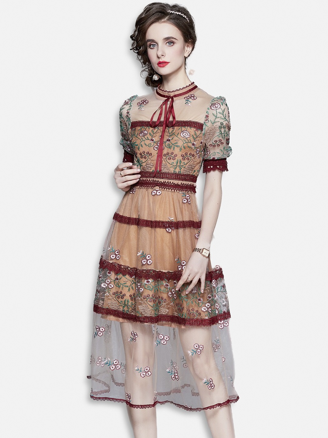 

JC Collection Brown Floral Tie-Up Neck A-Line Midi Dress