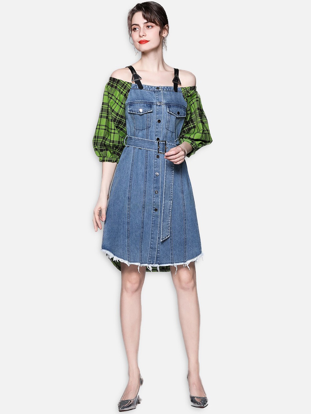 

JC Collection Blue Checked Off-Shoulder A-Line Dress