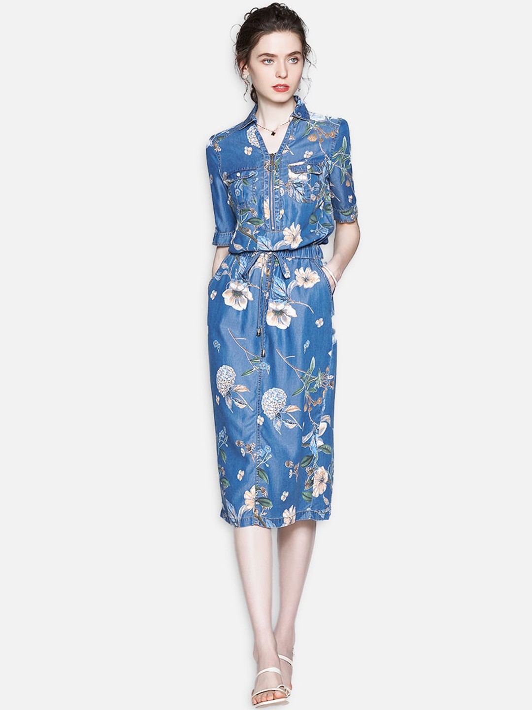 

JC Collection Blue Floral Sheath Midi Dress