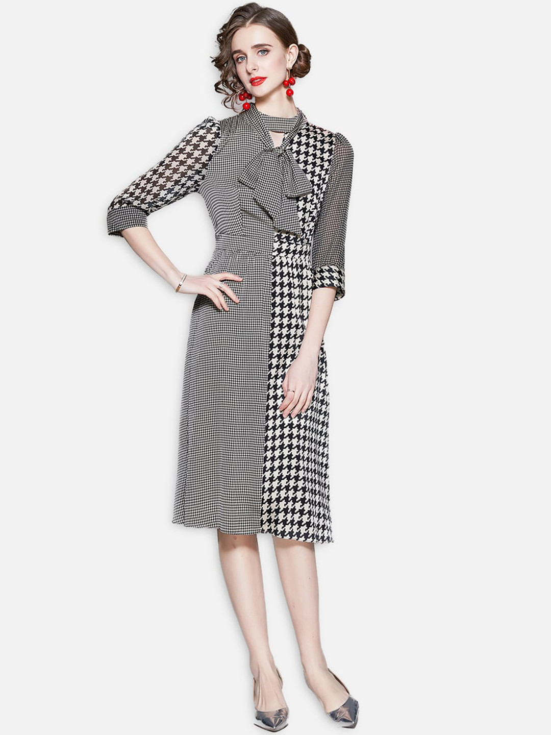 

JC Collection Black Checked Tie-Up Neck Dress