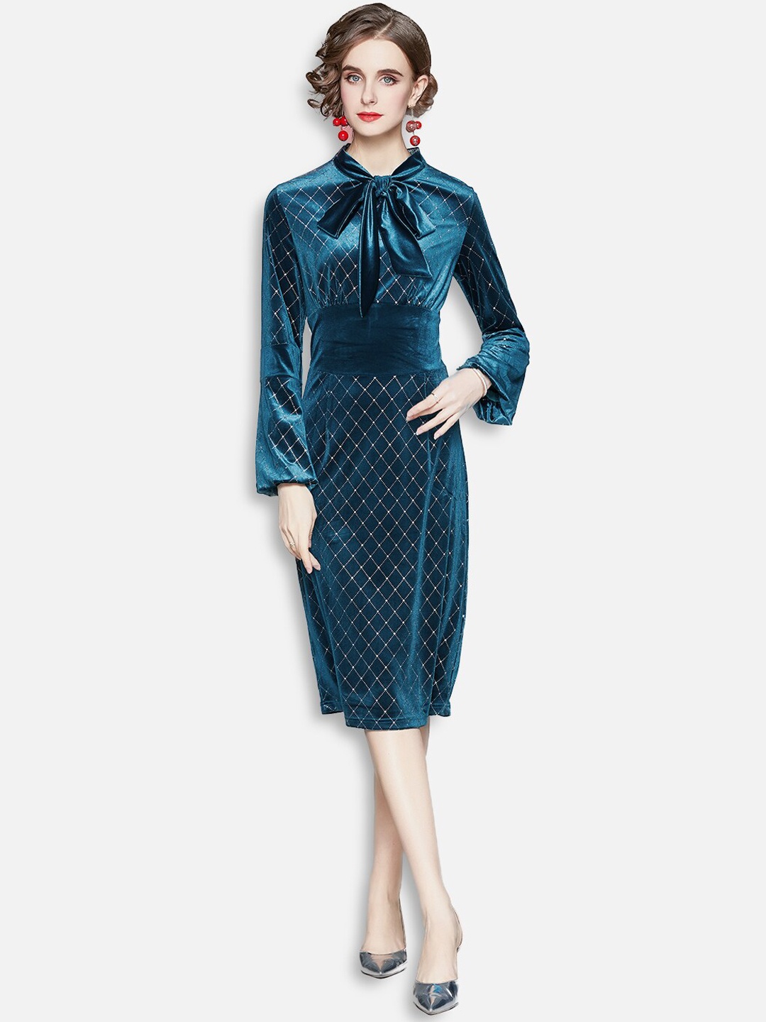 

JC Collection Blue Tie-Up Neck Sheath Dress