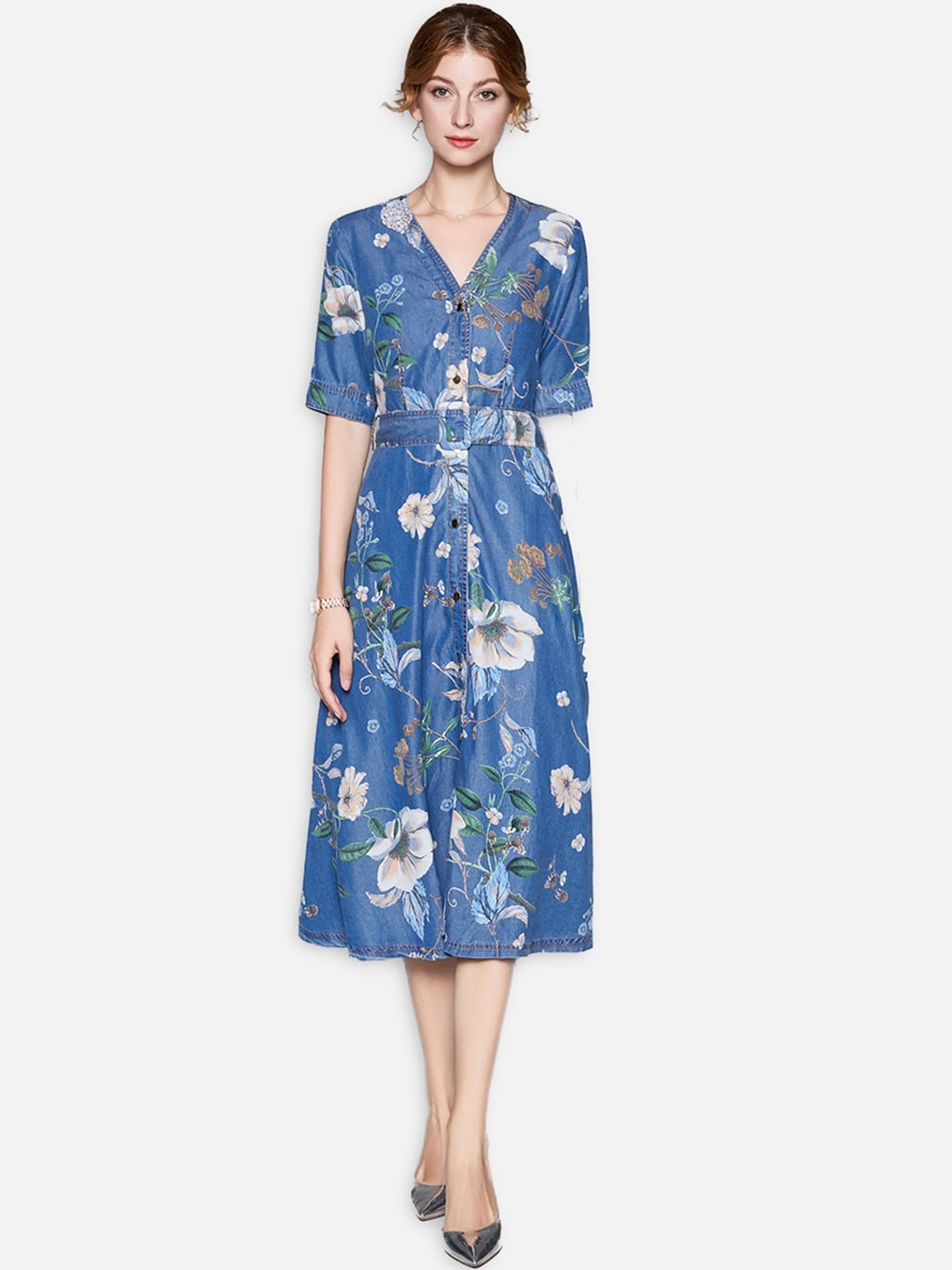 

JC Collection Blue Floral A-Line Midi Dress