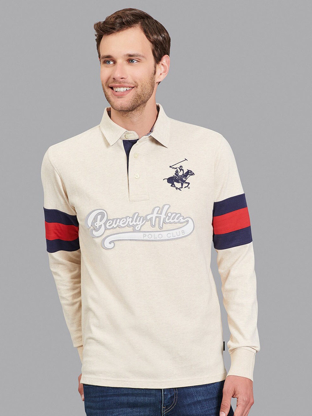 

Beverly Hills Polo Club Men Beige & Red Colourblocked Polo Collar T-shirt