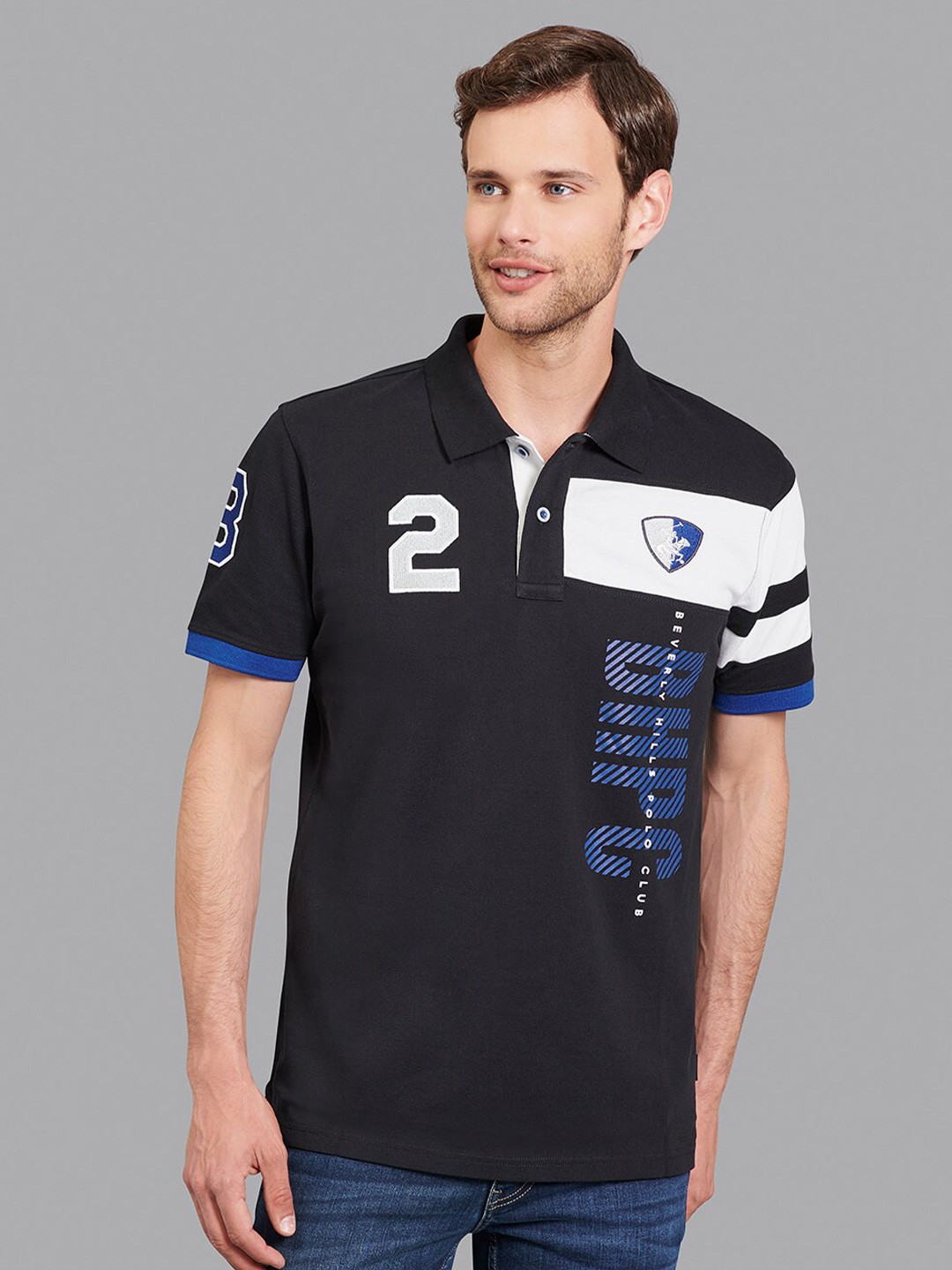 

Beverly Hills Polo Club Men Black & White Typography Polo Collar T-shirt
