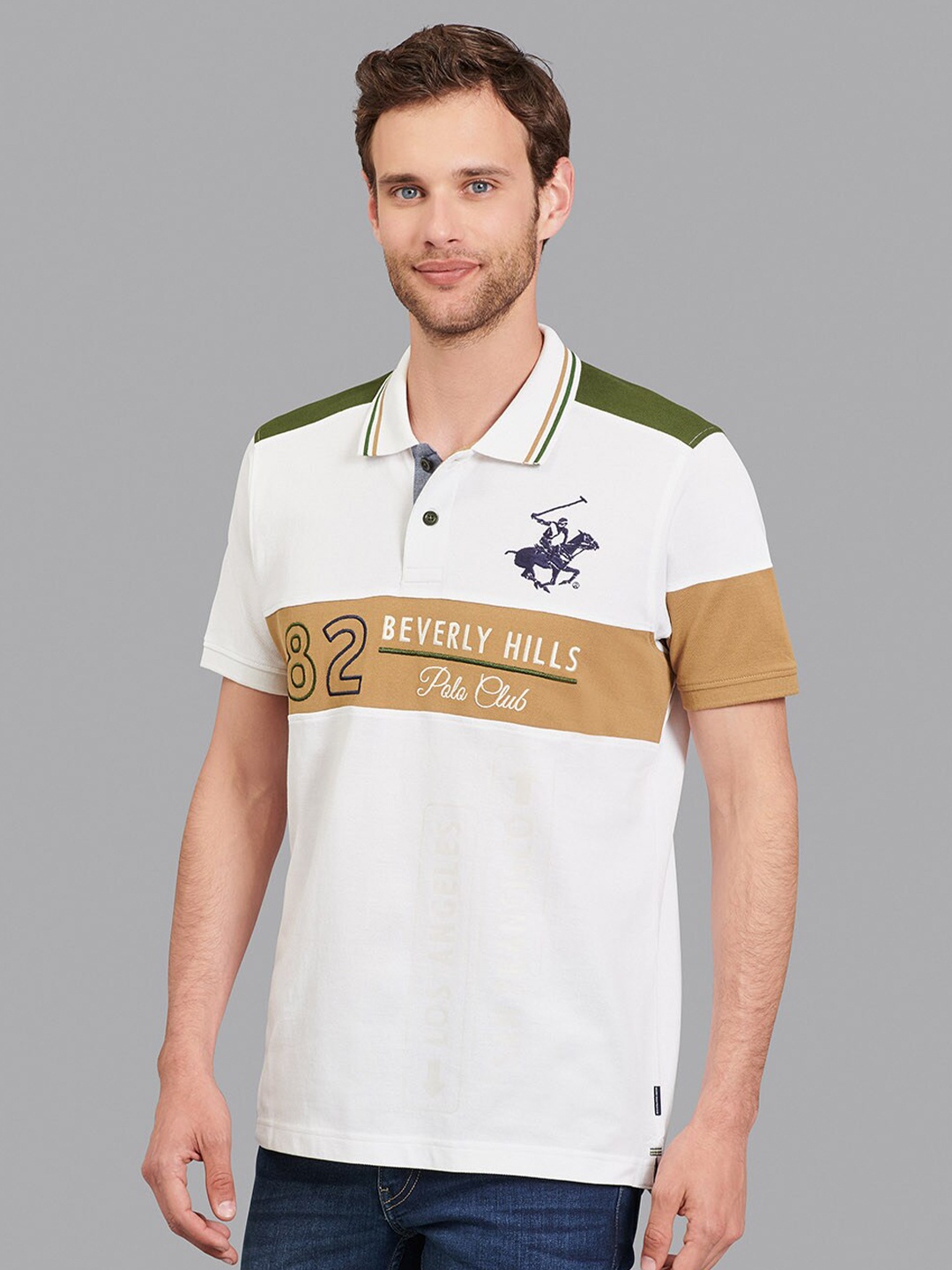 

Beverly Hills Polo Club Men White & Beige Colourblocked Polo Collar T-shirt