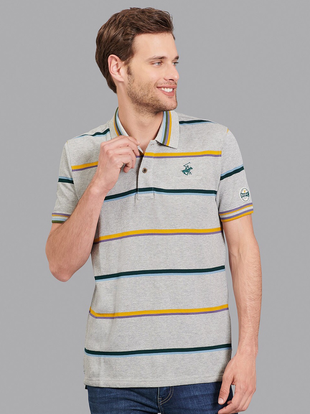 

Beverly Hills Polo Club Men Grey & Blue Striped Polo Collar T-shirt